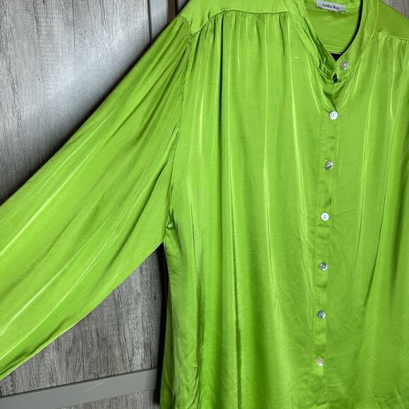 Angela Mara Satin Shirt Womens Large Button Down Long Balloon Sleeve Green Color - Picture 6 of 7